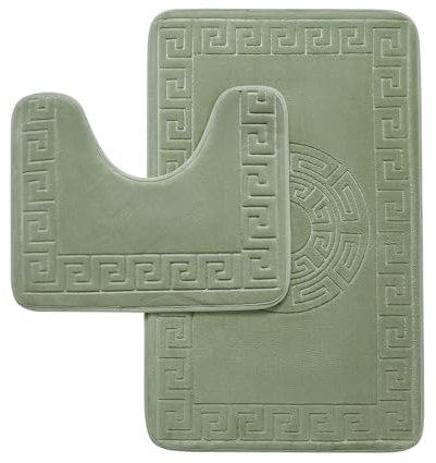 GC GAVENO CAVAILIA Memory Foam Bath Mat Non Slip - Extra Soft Highly Water Absorbent Bathroom Mat Sets 2 Piece - Greek Toilet Rug (50 x 80 cm) & Pedestal Set (50 x 40 cm) - Washable - Sage Green