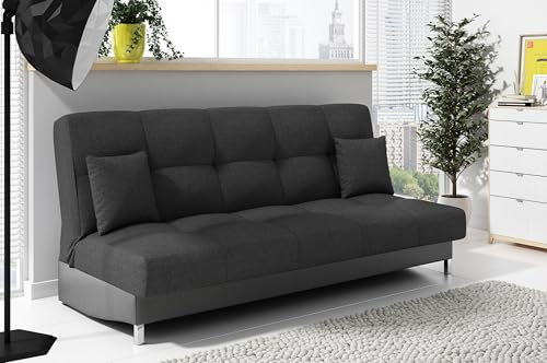 LIKMA Ausziehbar 3 Sitzer Sofa Togo Dunkelgrau + Grau Kunstleder 195x91x85 cm Schlaffunktion Bettzeugbehälter 2 Kissen Sofa mit Bettfunktion Gesteppte Schlafsofa ohne Armlehnen