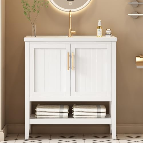 Soweiz Mobile da bagno singolo con base 80 cm con lavabo in ceramica, facile da spostare, bianco, 80 x 47 x 89 cm