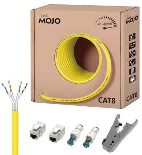 Tecmojo CAT8 S/FTP 20M, 40Gigabit LAN Ethernet Network Bulk Cable Pure Copper Conductor 22AWG with 40% Copper Braiding Shielding LSZH Dca, Yellow, with Cable Tool, RJ45 Connectors & Keystone Jacks