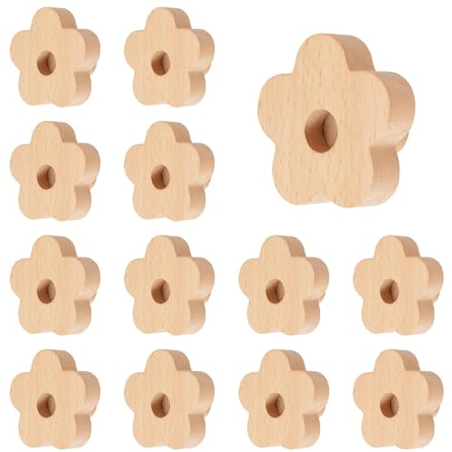 MOROBOR Poignées en bois en forme de fleur, bois naturel, poignées de placard de cuisine, trou unique, poignées en hêtre pour salon, chambre d'enfant, avec vis et tube d'extension, 12 pièces