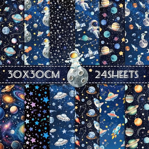 24 Blatt Scrapbook Papier Weltraum,12-Typen Doppelseitige Dekorpapier Sternenhimmel Scrapbook Zubehör Craft Papier für Journal Motivpapier DIY Fotoalbum Dekorpapier 30x30cm