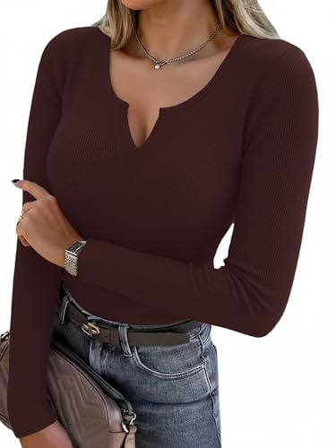 Aottori Maglia Donna Manica Lunga Maglietta Scollo a V Elegante Basic Top Tinta Unita T-Shirt Cotone Slim Fit con vestibilità Classica Bordeaux M