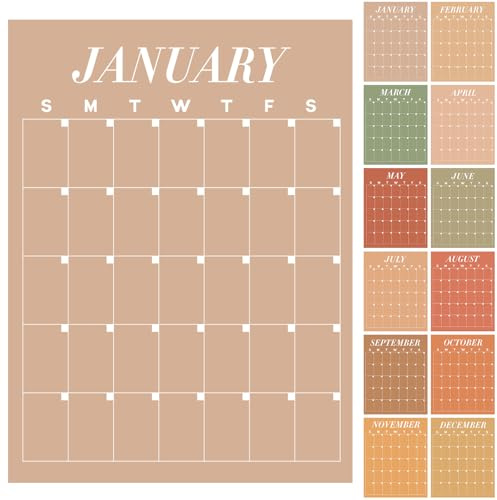 12 Pcs Brown Undated Calendars 16‘' x 20‘' Large Erasable Wall Calendar 12 Month Dry Ease Reusable Planning Yearly Blank Planner Reserved Grid for Office Home Educational Study Room Back to First Day