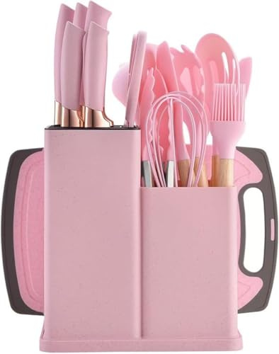 Gaxcent Küchenmesser Set 19 Teiliges Küchenutensilien Set Silikon Küchenhelfer Set mit 12 Kochutensilien,5 Messern,Schneidebrett und Halter,Spülmaschinengeeignet,Rosa