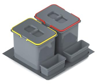 REJS - Set di raccolta differenziata per cucina da 60 cm per armadio, 2 scomparti, 2 x 20L con coperchio e maniglia, pattumiera da incasso per cassetti, bidone della spazzatura da cucina, raccolta