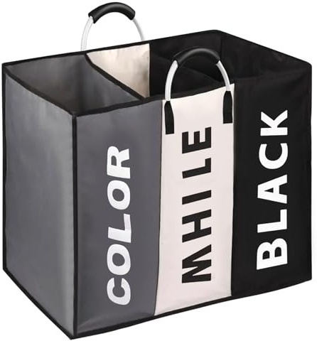 Wäschekorb 3 Fächer, Wäschesammler mit Aluminium-Griff, Wäschesortierer Wäschesack, Wäschetasche Schmutzwäsche Organizer Wäschetrenner für Schmutzwäsche(60X32X50cm)