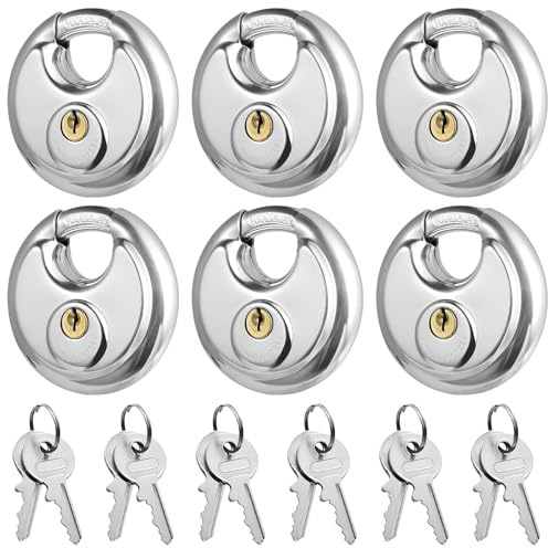 Lot de 6 Cadenas Ronds Inox 70mm, Cadenas Disque à Clé Identique avec 12 Clés, Cadenas de Sécurité Étanche Antirouille pour Garage, Abri, Portail, Casier, Unité de Stockage