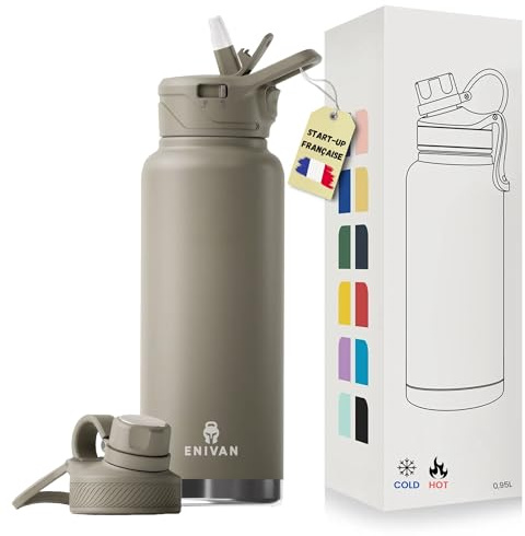 Enivan, Gourde Isotherme 1L, 2 Bouchons Paille et Embout – Bouteille d'Eau Inox Sans BPA, Étanche, Anti-Fuite, Double Paroi, pour Sport, Fitness, Musculation, Randonnée, Camping, Bureau, École - Beige