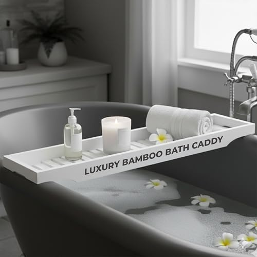 LKH Bamboo Wooden Bath Caddy Tray - Strong & Durable, Prevents Spills, & Water-Resistant Bathtub Tray for Across the Bath | Luxury Bath Shelf for Relaxation, Reading & Drinking
