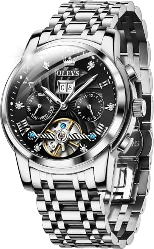 OUPINKE Herrenuhren Automatik Skelett Mechanische Armbanduhr Schwarz Zifferblatt mit Diamanten Tourbillon Wasserdicht Luminous Tag Datum Schwarz Edelstahlarmband