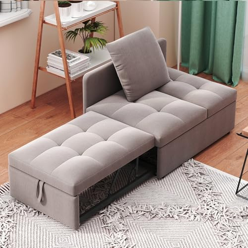 Fppuueg Sofá Cama Convertible Sillón Cama Plegable 3 en 1 para Dormitorio Salón, Sofa Cama 1 Plaza con Respaldo Ajustable 5 Posiciones y Almohada, Sofá Individual 177x68x65 cm, Lino, Gris A
