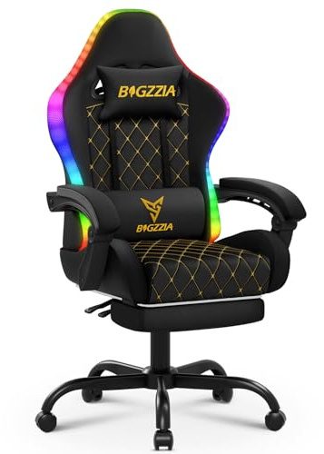 Racingreat RGB/LED Gaming Stuhl mit Lichtleiste und Fußstütze (Schwarz) | RGB/LED PC Stuh mit Footrests, 90°–135° Neigungswinkel Höhenverstellbar, Junge Erwachsene Gamer Büro Pause Familien