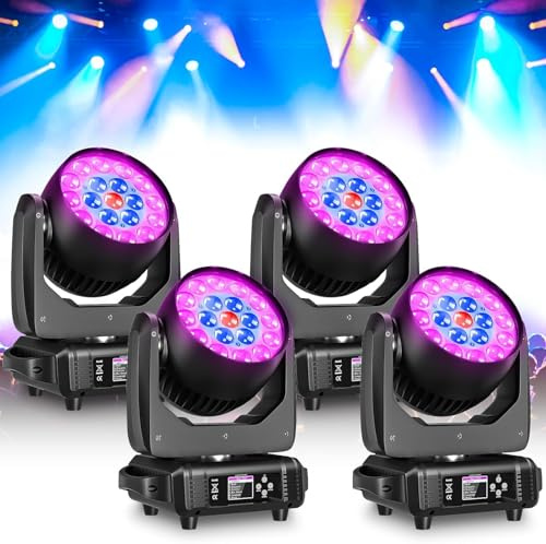 4 piezas 19x15W Cabeza Móvil LED Luz de Escenario, Beam Wash Zoom RGBW 4 en 1 Luces de Discoteca DJ, DMX512 Iluminación de escenario profesional para Disco Fiesta Club Bar Boda Discoteca