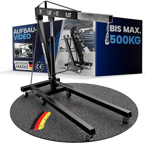 WERKTHOR Grúa de taller – 500 kg de grúa hidráulica no plegable – grúa de motor para coche negro con 4 ruedas y cadena equilibradora – elevador de motor para desmontaje de motor – taller y hobby
