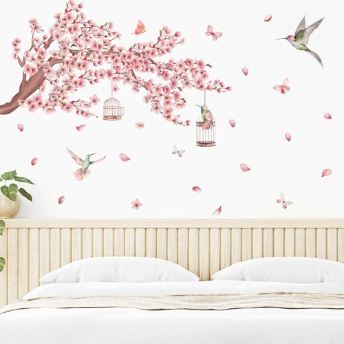 Grand Branche de Fleurs Rose Autocollants Muraux Fleurs de Cerisier Rose Autocollant Mural Décoration Murale Oiseaux pour Chambre Salon TV Mur
