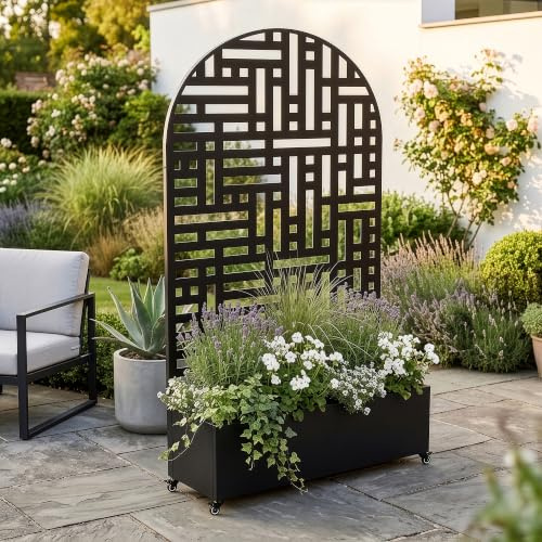 casa.pro Cloison avec Jardinière Bernalda en Forme d'arc 190x120x38 cm Noir | bac à fleurs résistant, protection contre les regards, séparateur avec roulettes, freins de blocage
