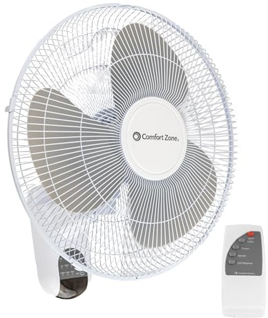 Comfort Zone 16-Inch Fan with Remote Control – Quiet 3-Speed Oscillating Indoor Fan with 90° Wide-Angle Airflow, Timer & Sleep Modes – Space-Saving Wall Fan for Bedroom, Home Gym & Office, White