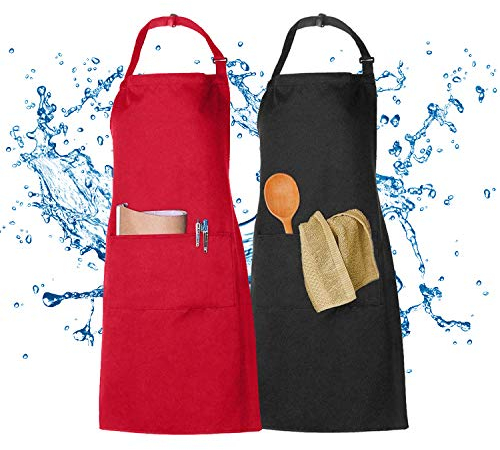 XCOZU 2 Stück Schürze, Wasserdicht Schürzen Kochschürze Männer Damen Schwarz Rot Küchenschürze mit 2 Taschen, Schürze Frau Mann Latzschürzen Gastronomie Grillschürze Verstellbarem Nackenband