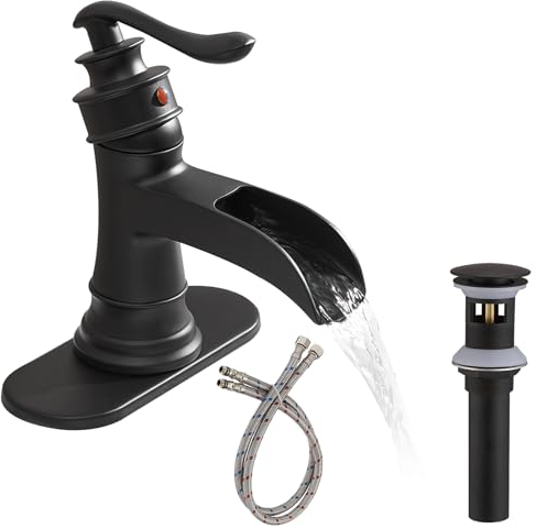 BATHLAVISH Matte Black Waterfall Bathroom Faucet, Single Handle Bathroom Sink Faucet 1 Hole or 3 Hole, Vanity Sink Faucet for Vintage Antique Lavatory Washroom with Pop Up Drain, Deck, 2 Hoses