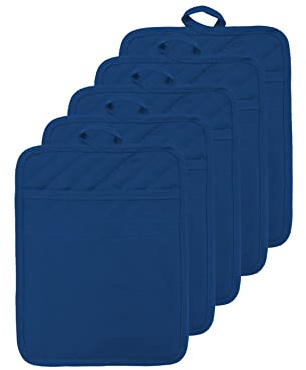 VEIKERY Oven Pot Holder with Pocket Cotton Heat Resistant Coaster Potholder Kitchen Hot Pad Oven Mitts for Cooking and Baking Square 7x9 (Blue, 5)