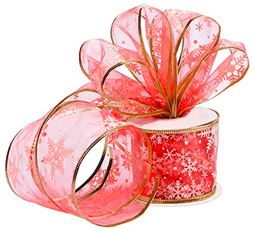 Belle Vous Rotes Weihnachts Geschenkband - 10m x 6,3cm Breit Verdrahtetes Glitzerndes Organza Band mit Schneeflocken - Dekobänder Weihnachten für Geschenkverpackungen, Bastelarbeiten und Partydeko