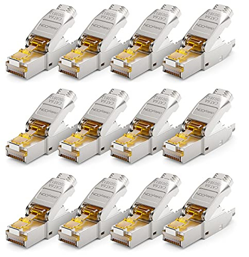 deleyCON CAT 6a Netzwerkstecker RJ45 werkzeuglos 10 Gbit/s, 12 Stück | Geschirmter Netzwerk Stecker für starre Verlegekabel, Rohkabel, Steckverbinder RJ45 Ethernet LAN DSL Patchkabel