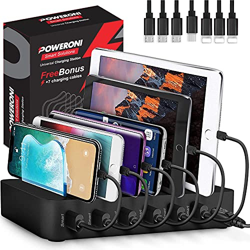 USB Charging Station - 6 Port Universal Charging Station for Multiple Devices - Multi Device Charger Dock - Compatible with Apple, iPad, iPhone, Android Cell Phones, and Tablets - Black