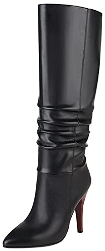Lroey Reoly Bottes Mi-Mollet à Talon Aiguille Femme, Bottes Habillées Talons Hauts Pointu Boots A Enfiler 210 Noir Taille 42 EU