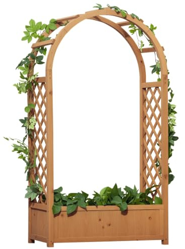 Outsunny Jardinière Rectangulaire sur Pied avec Treillis 83 x 36 x 152 cm | Arche, Fond à Lattes, Bois Sapin Pré-huilé
