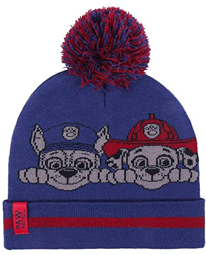 Gorro de Punto de La Patrulla Canina para Niños - Color Azul y Rojo - Apto de 1 a 4 - Años Sombrero con Pompón y Estampado de Marshall, Chase, Skye y Rubble - Producto Original Diseñado en España