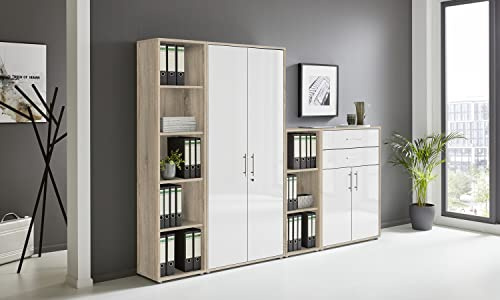 Schrankwand TABOR 22 Büroregal Aktenschrank Büroschrank abschließbar in diversen Farbvarianten (Sonoma Eiche/weiß Hochglanz)