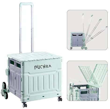 PUCHIKA Einkaufstrolley klappbar, Einkaufswagen Trolley, Einkaufstrolley mit Deckel, Shopping Trolley faltbar, Einkaufstrolleys flachziehenbar, Teleskop Griff, 8 Gummiräder, 48L, Grün