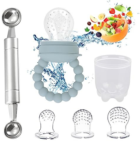 RICHDMI Baby Fruchtsauger, Baby Essen Zubehör, Zahnungshilfe Baby, Fruchtsauger Baby ab 6 Monate, Sauger in 3 Größen, Beißring für Obst, Gemüse, Brei Beikost, mit Fruchtlöffel(blau)