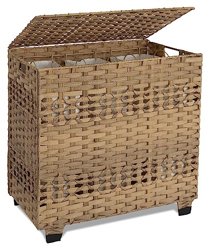 OIAHOMY Laundry Hamper with Lid, 140L Clothes Hamper with 3 Removable Liner Bags, Foldable Basket with Lid, Synthetic Wicker Laundry Basket for Bedroom, 27x 13 x 26 Inches, Yellow