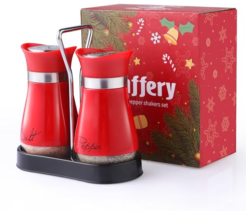 Lonffery Salt and Pepper Shakers Set, Stainless Steel Salt Containers with Holder for Gifts, Kitchen Decor, Home, RV, Camp, BBQ, 4 oz Farmhouse Spice Dispenser with Glass Bottom, Red, Set of 2