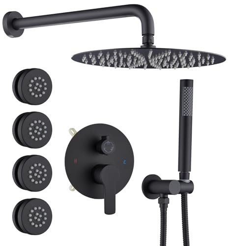 Iriber Mattle Black Round Rain Shower System with 4 PCS Body Jets 3 Function Shower Faucet Set Contain 12 Inch Shower Head and Handheld Wall Mounted Pressure Balance Shower Trim Kit (Valve Included)