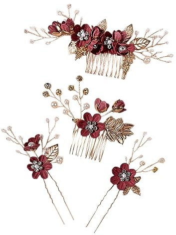 Wambere Lot de 4 horquillas para el pelo en forma de U con perlas de flores - Joyería para dama de honor - Para mujer y niña - Rojo oscuro