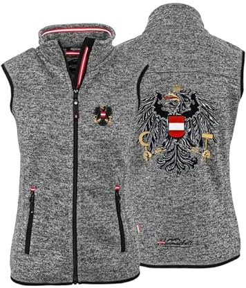 Hoamatkult Österreich Kult-Gilet Damen - das Original - Österreich Adler Strickfleece Weste - Damen Gilet mit hochwertiger Adler-Stickerei (XXL, Dunkelgrau-meliert)
