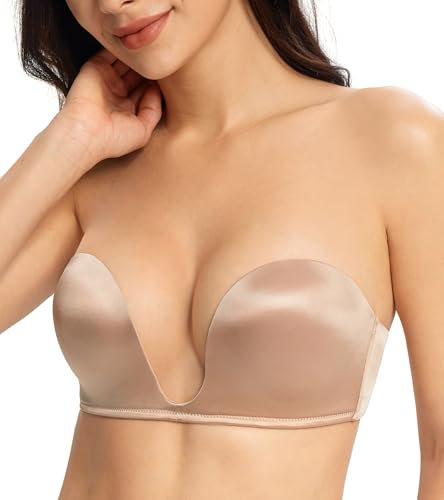 Lemorosy Women's Plunge Strapless Bra Deep U Push Up Everyday Underwire (Beige 32DD)