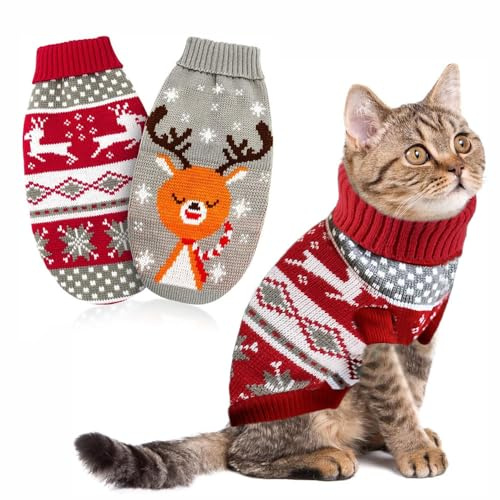 LATRAT 2er-Pack Weihnachts-Katzen-Hunde-Pullover, Schneeflocken, Rentier-Motiv, Strickwaren,Winterhaustierkleidung,Warme Haustierpullover für Kätzchen und kleine HundeM, Elch und Kitz, Rot, M