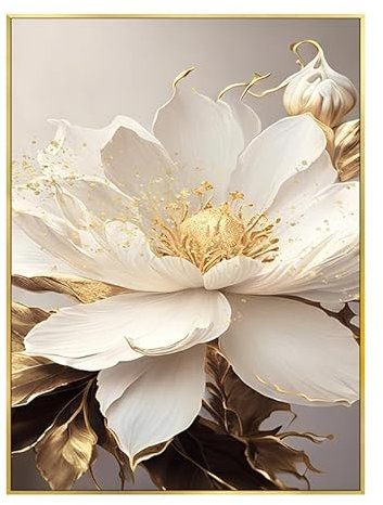 GIBOH Poster und Drucke, modisches Blattgold, weiße blühende Blumen, Moderne Wandkunst, luxuriöse Leinwandmalerei, ästhetische Bilder für Heimdekoration, 50 x 70 cm x 1, ohne Rahmen