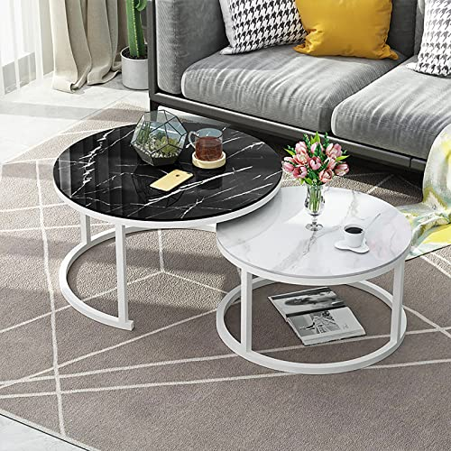 Satztische aus Glas in Marmor-Optik, 2 Stück, runder Metallrahmen, stapelbar, Couchtisch für Zuhause, Büro, Wohnzimmer oder Lounge