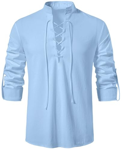 Rodawu herr Viking/Henley-skjorta, blå, normal storlek, långärmad, dragsko, solid färg, perfekt för män, historieentusiaster, mångsidiga åldrar, Ljusblå, L