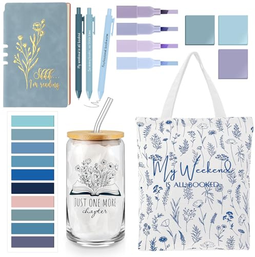 Havawish 14 Pcs Book Lovers Gifts for Women 16 oz Glass Cup Tote Bag A6 Journal Notebook Ballpoint Pens Highlighters Sticky Notes for Library Reader Bookworm Book Club(Blue,Aesthetic)