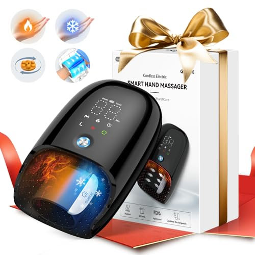 Kabelloses Handmassagegerät mit Heizen/Kühlen & Zweiwege-Kneten - 6 Modi für Arthritis, Steife Gelenke, Geschenke für Familie (Schwarz)
