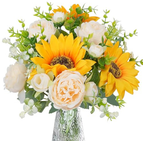 Luabue Künstliche Blumen Pfingstrosen und Sonnenblumen mit Eukalyptusblätter Kunstblumenstrauß Deko Kunstblumen wie Echt Artificial Blumen für Zuhause Tischdekoration Hochzeit