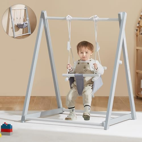 FUNLIO Altalena in legno per bambini dai 6 ai 36 mesi, set altalena pieghevole con 4 sacchi di sabbia, altalena per bambini, per interni ed esterni, colore grigio