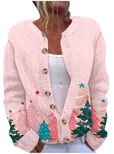 generisch Cardigan de Noël pour femme - Court - Grosse maille - Avec capuche - Boutons - Alpaga - Multicolore - Norvégien - Pull de Noël - Pull en tricot cachemire, Rose., L