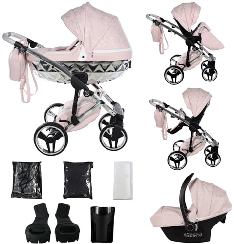 Junama Kinderwagen Diamond Heart 2in1 3in1 4in1 (06 - Rosa und Silber, 3in1 mit Autositz)